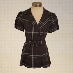 Y2K Wrapper Plaid Belted Mini Dress Womens Medium Dark Gray Red